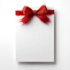 White Blank Card with Decorative Red Ribbon and Feather Bow