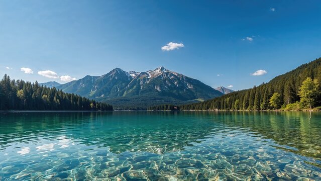 Scenic mountain view of lake with clear water, surrounded by forest and snow-capped peaks under a blue sky with clouds.