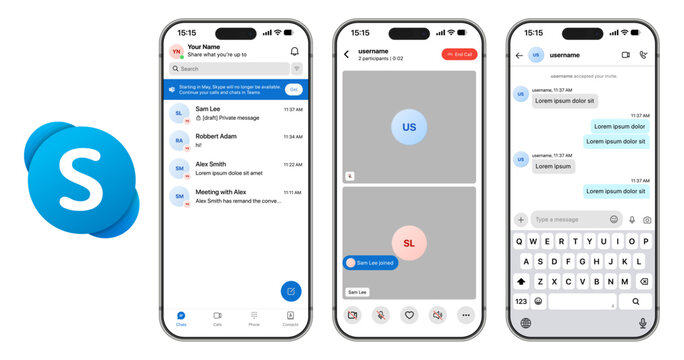 Skype 2025 fresh UI showing clean video calls, chat threads, group rooms, screen sharing, reactions, and alerts in a minimalist modern interactive vector interface