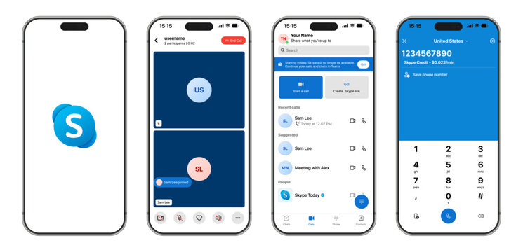 Skype 2025 UI showing full interface with video calls, voice calls, chat bubbles, group meetings, screen share, reactions, notifications, contacts, and modern interactive desktop and mobile layout.