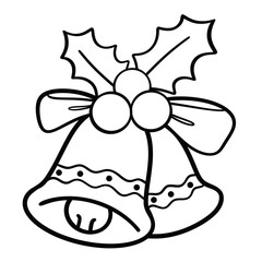 Christmas Bell with Cute Bow and Holly Line Art Illustration