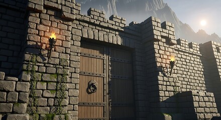 Ancient stone castle gate with flickering torches and a dramatic mountain backdrop bathed in golden sunlight creating a sense of mystery and adventure