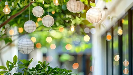 Cozy garden with hanging lanterns and warm lights, ideal for inviting social gatherings or relaxation