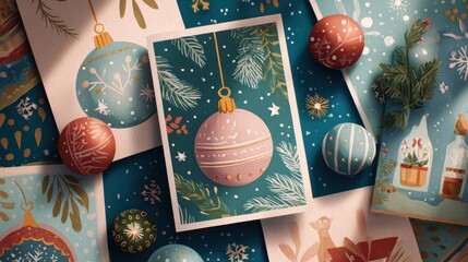 Greeting cards and posters with holiday elements including ornaments, winter scenes, and cozy decorations