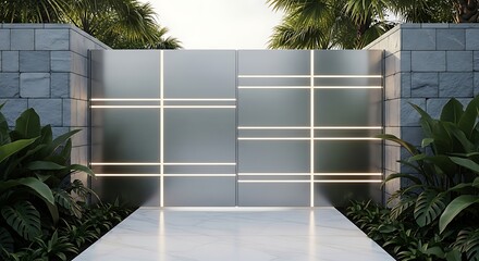 Modern contemporary metal gate with integrated led lighting and stone pillars leading to a private residence with lush tropical foliage and a clean white pathway