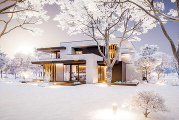 3d rendering of two-story house with parking and pool for sale or rent with concrete facade and beautiful landscaping on background. Cool winter day with shiny white snow