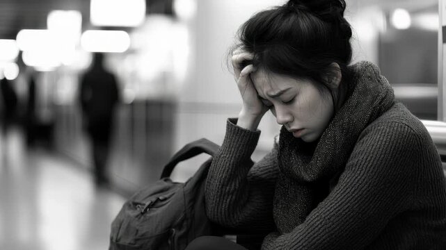 asian woman exhausted at train station, head in hand, eyes closed, heavy sweater and scarf, backpack beside her, blurred commuters passing, low-key monochrome