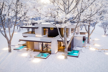 3d rendering of two-story house with parking and pool for sale or rent with concrete facade and beautiful landscaping on background. Cool winter day with shiny white snow