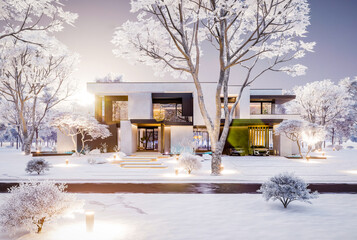 3d rendering of two-story house with parking and pool for sale or rent with concrete facade and beautiful landscaping on background. Cool winter day with shiny white snow
