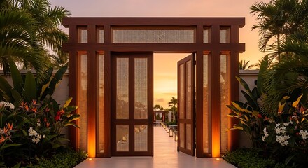 An inviting open wooden gate with intricate lattice work leads to a sunlit pathway lined with lush tropical foliage and blooming flowers at sunset