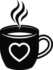 Coffee Cup with Heart Shape Cafe Drink Hot Beverage Aroma Steaming Mug Shop Symbol Caffeine Breakfast Drink Black Isolated on Transparency