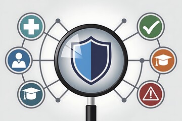 Magnifying glass over shield surrounded by icons