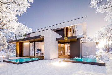 3d rendering of two-story house with parking and pool for sale or rent with concrete facade and beautiful landscaping on background. Cool winter day with shiny white snow