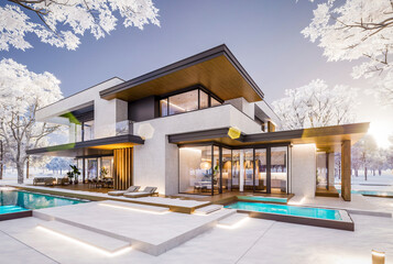 3d rendering of two-story house with parking and pool for sale or rent with concrete facade and beautiful landscaping on background. Cool winter day with shiny white snow