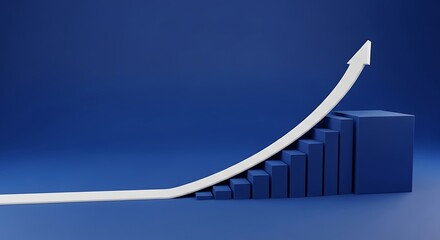 Graph showing upward trend with a white arrow moving up on a blue background with stairs representing progress and growth