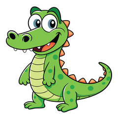 Obraz premium Smiling Green Cartoon Alligator Character with Orange Spikes on White Background