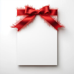 White Blank Card with Decorative Red Ribbon and Feather Bow