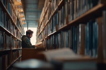 Quiet moments of studying in a sunny library filled with books