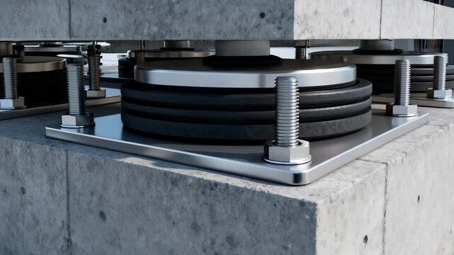 Medium shot capturing base isolators integrated into foundation systems emphasizing improved building stability during seismic activity.
