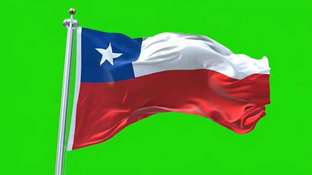 Chilean Flag Waving Proudly in the Wind Against a Vibrant Green Screen Backdrop A Symbol of National Pride Independence and Patriotism Perfect for Chroma Key Compositing and Patriotic Celebrations.