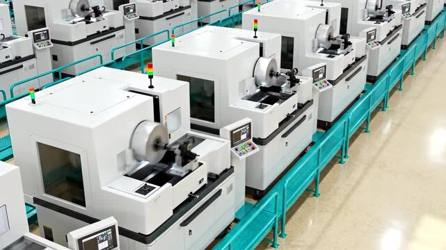 High angle view of modern white CNC grinding machines lined up on a production floor with teal safety railings