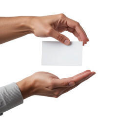 Obraz premium Hands holding a blank white card isolated on transparent background