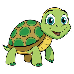 Smiling Green Cartoon Turtle with Spotted Shell on White Background