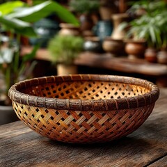 Bamboo basket artistry on wooden bench high resolution picture