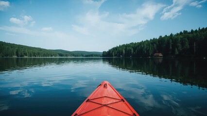 A boat riding on a calm lake with greenery and forest surrounding it under a partly cloudy sky. Nature and outdoor activity, peaceful scene. Recreation and exploration.