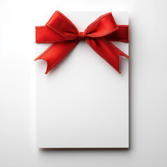White Blank Card with Decorative Red Ribbon and Feather Bow