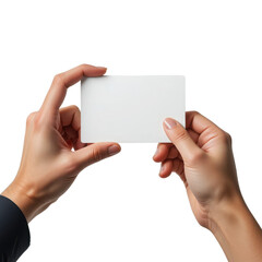 Fototapeta premium Two hands holding a blank white card isolated on transparent background