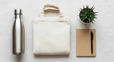 An overhead flat lay of eco-friendly and reusable items, including a stainless steel water bottle, a blank white canvas tote bag, a brown paper notebook, a black pen