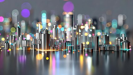 A vibrant city skyline made of metallic structures glows with colorful lights against a dark backdrop, showcasing urban beauty at night - Powered by Adobe
