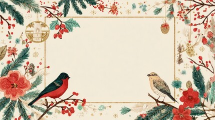 Greeting cards featuring holiday trees, birds, ornaments, and floral decorative frames with space for message