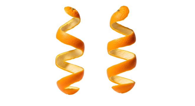 Two orange peel spirals isolated on transparent background