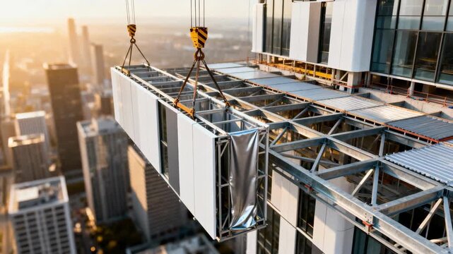 Medium shot of modular frame sections being hoisted into place on a city highrise emphasizing fast construction and flexible architectural styles.