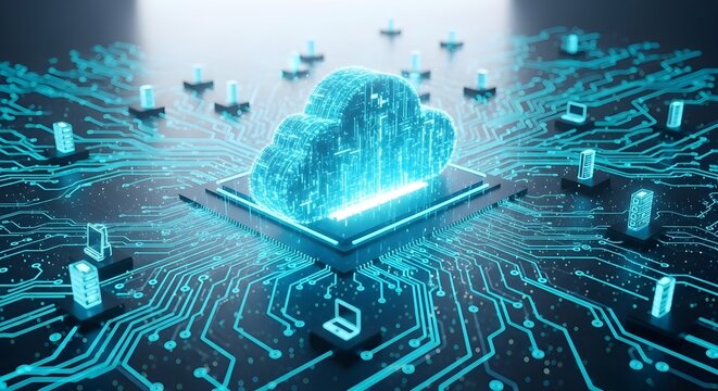 Cloud computing network with circuit board and glowing data stream