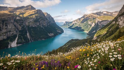Obraz premium A scenic view of a canyon or gorge with a river running through it, surrounded by mountains and colorful wildflowers in the foreground.