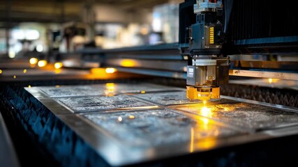 Industrial laser beam carving detailed designs on metal sheets in a clean welllit indoor production facility focused on precision craftsmanship.