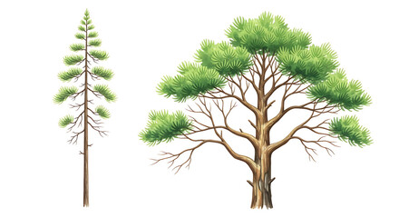 Illustrated pine trees a tall, slender conifer and a mature, broad tree, with green needles and brown trunks on a clean white background for botanical projects