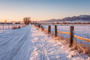 Fototapeta premium Winters Embrace - A Snowy Path to Mountain Majesty.