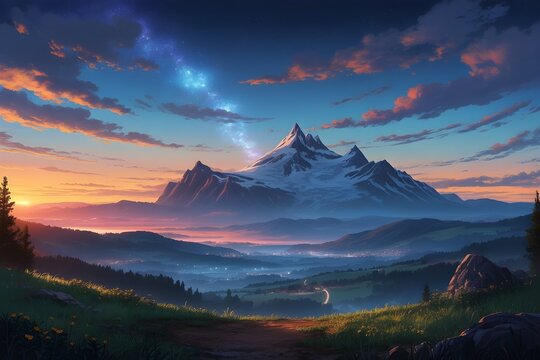 Majestic snow-capped mountain range at sunset scenic landscape with vibrant colors ideal for travel and nature backgrounds