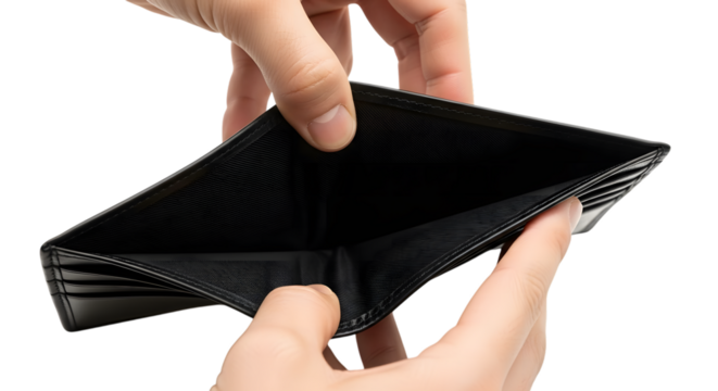 Empty black wallet held by hands isolated on transparent background