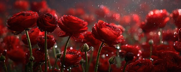 A Field of Red Ranunculus Flowers in Full Bloom.