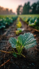 Young Cabbage Plant with Dew Drops in a Field at Sunrise.