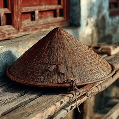 Bamboo conical hat placed on table high resolution picture
