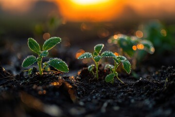 Young Plants Emerging in the Morning Sunlight - A Symbol of Growth.