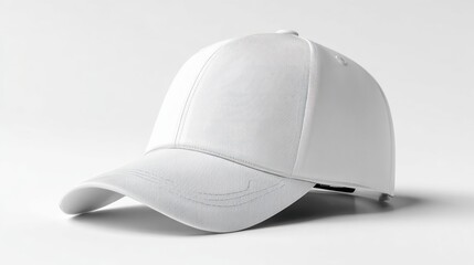 Close-up of a clean white baseball cap on white background.