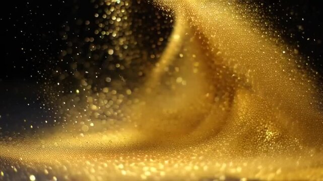 Dynamic Golden Glitter Particles Swirling and Sparkling on a Dark Background