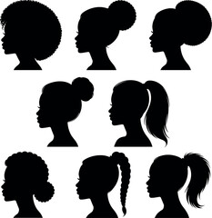 Seven Black Silhouette Profiles of Women with Diverse Hairstyles